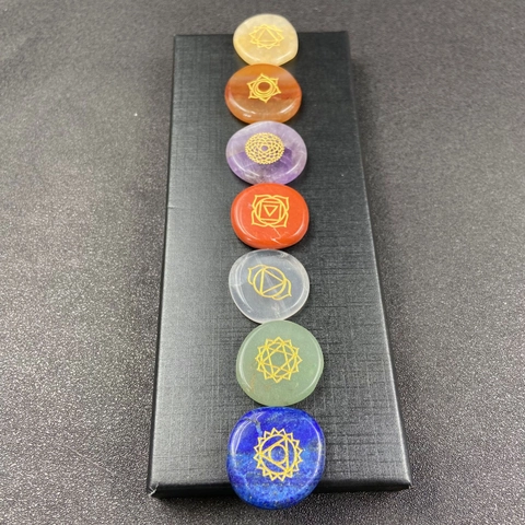 Pierres De Guérison Chakra En Pierre Naturelle Symboles Dorés Gravés Cristaux De Paume Ronds Plats Pour Méditation Yoga
