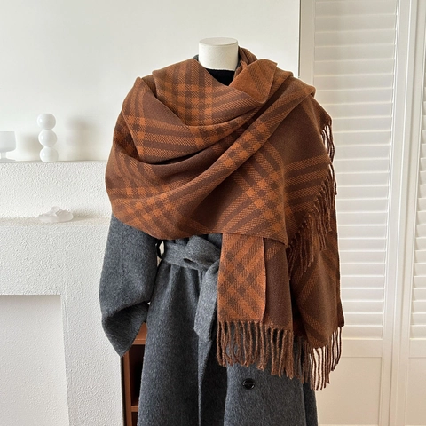 Sciarpa Scialle A Quadri Imitazione Cashmere Calda Invernale Jacquard Con Nappine Retro Elegante Donna Moda