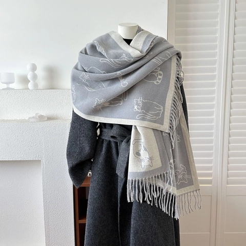 Winter Scarf Imitation Cashmere Cat Pattern Double Sided Warm Thickened Shawl With Tassels For Women Gift