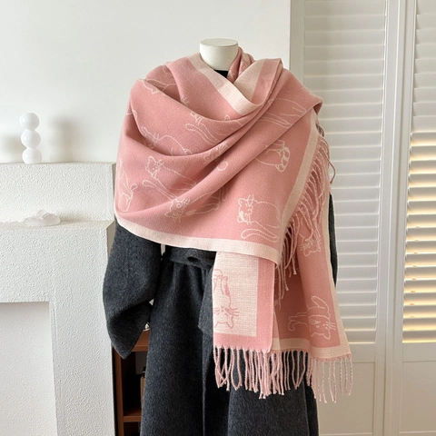 Winter Scarf Imitation Cashmere Cat Pattern Double Sided Warm Thickened Shawl With Tassels For Women Gift