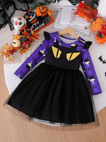 Girls Halloween Black Cat Tulle Dress Long Sleeve Purple Print Mesh Princess Party Dress Toddler Kids Holiday Clothes