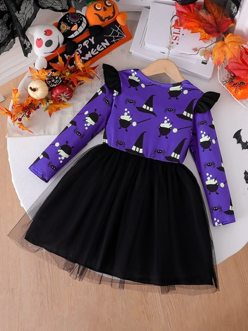 Girls Halloween Black Cat Tulle Dress Long Sleeve Purple Print Mesh Princess Party Dress Toddler Kids Holiday Clothes