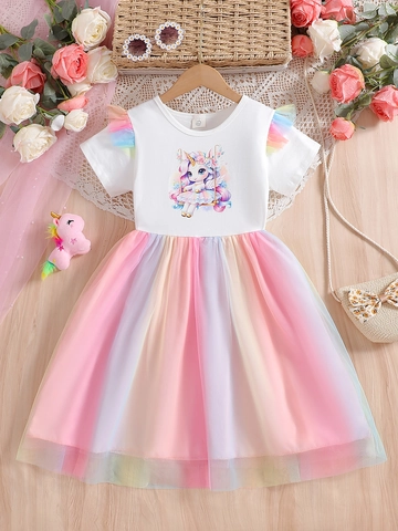 Mädchen Sommerkleid Baumwollmischung Regenbogen Netzrock Einhorn Druck Kurzarm Lässig Party