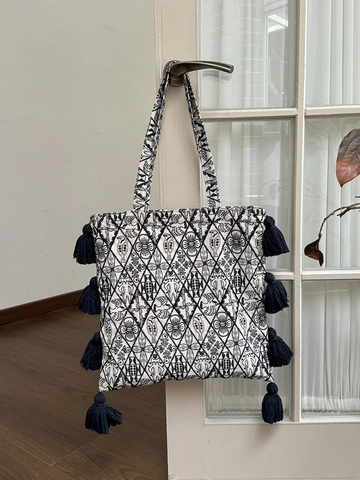 Ethnic Embroidery Shoulder Bag Cotton Linen Large Capacity Tassel Tote Bohemian Geometric Floral Pattern Vintage