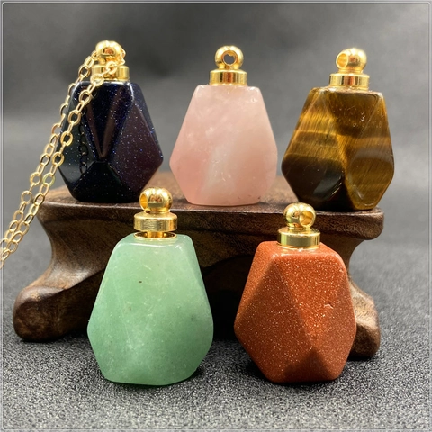 Natural Stone Perfume Bottle Pendant Necklace Crystal Polygon Essential Oil Diffuser Pendant For Women Jewelry Gift