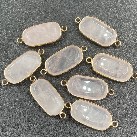 Natuurlijke Rozenkwarts Hanger Connector Rechthoekig Verguld Edelsteen Dubbele Ring DIY Sieraden Maken