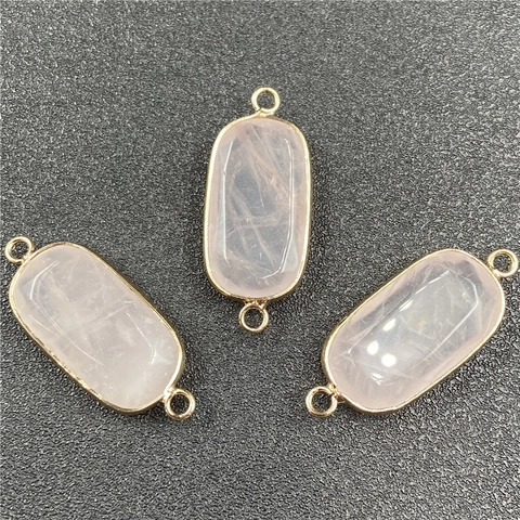 Natuurlijke Rozenkwarts Hanger Connector Rechthoekig Verguld Edelsteen Dubbele Ring DIY Sieraden Maken
