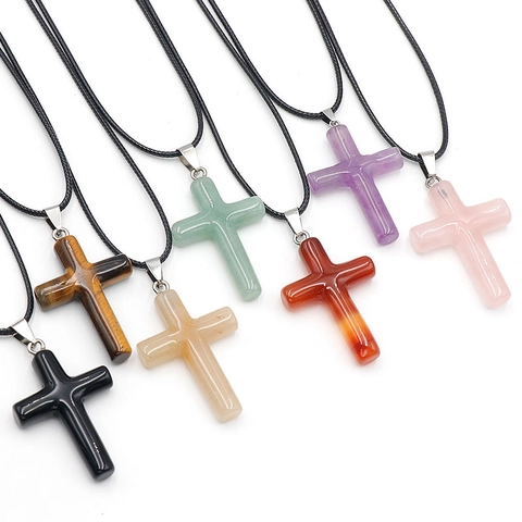 Natural Stone Cross Pendant Necklace For Men Women Polished Semi-Precious Gemstone Religious Jewelry Gift Accessory