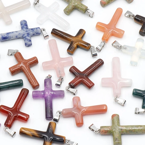 Natural Stone Cross Pendant Necklace For Men Women Polished Semi-Precious Gemstone Religious Jewelry Gift Accessory