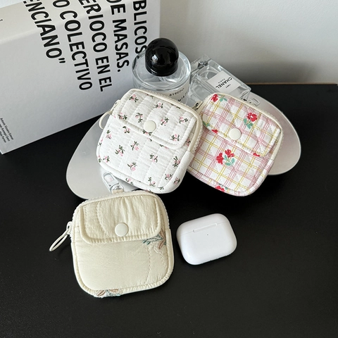 Damen Mini Gesteppte Baumwolle Geldbörse Kleine Aufbewahrungstasche Für Kopfhörer Etui Mit Haken Herz Blumen Bär Muster Mode Beutel