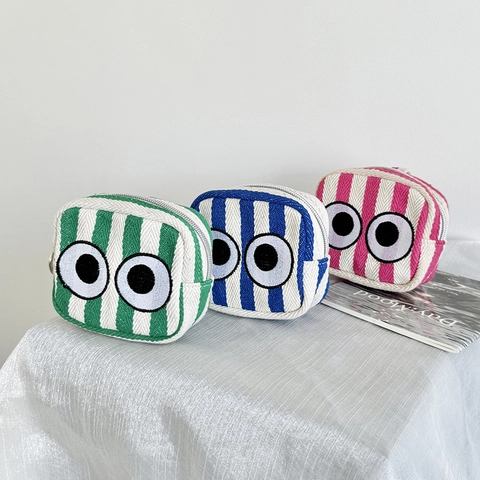 Mini Striped Polyester Cotton Coin Purse With Large Eyes Embroidery Zipper Closure Metal Ring Hanging Bag For Women Girls