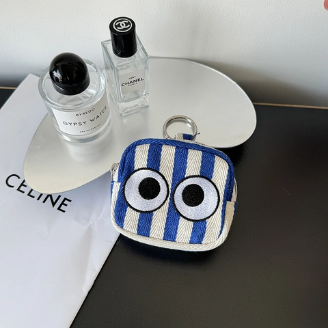 Mini Striped Polyester Cotton Coin Purse With Large Eyes Embroidery Zipper Closure Metal Ring Hanging Bag For Women Girls