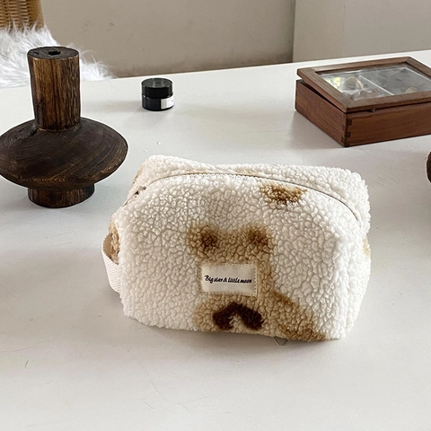 Linda Bolsa de Maquillaje de Peluche Sherpa Gran Capacidad Organizador de Viaje Patrón Oso Corazón Bolsa de Almacenamiento Cosmética Con Asa