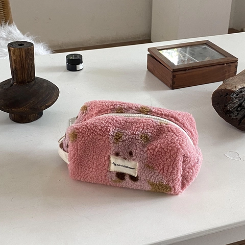 Linda Bolsa de Maquillaje de Peluche Sherpa Gran Capacidad Organizador de Viaje Patrón Oso Corazón Bolsa de Almacenamiento Cosmética Con Asa