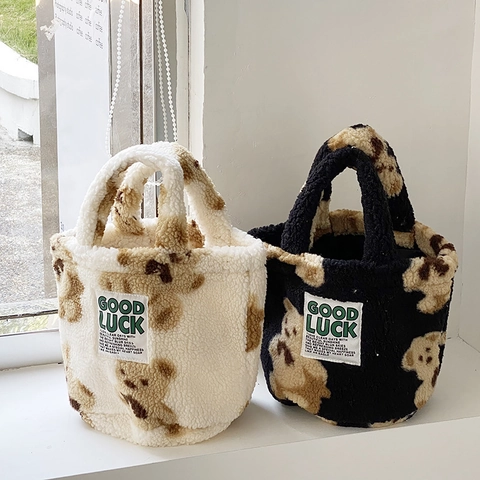 Damen Plüsch Eimertasche Kunstpelz Handtasche Teddybär Leopard Karo Kordelzug Koreanisch Winter Warm Süß