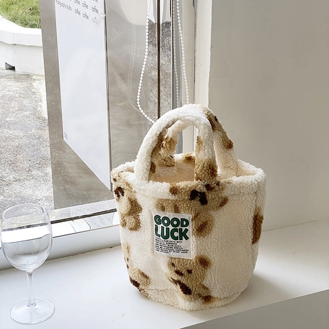 Damen Plüsch Eimertasche Kunstpelz Handtasche Teddybär Leopard Karo Kordelzug Koreanisch Winter Warm Süß