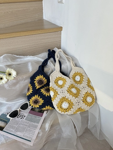 Vintage Handgefertigte Gehäkelte Blumen Tote Bag Damen Polyester Baumwollmischung Sonnenblume Gänseblümchen Patchwork Schultertasche Urlaub Handtasche
