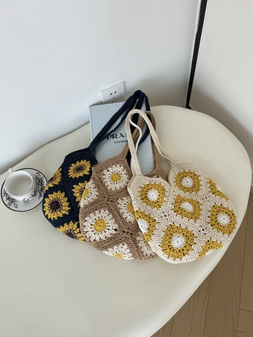 Vintage Handgefertigte Gehäkelte Blumen Tote Bag Damen Polyester Baumwollmischung Sonnenblume Gänseblümchen Patchwork Schultertasche Urlaub Handtasche