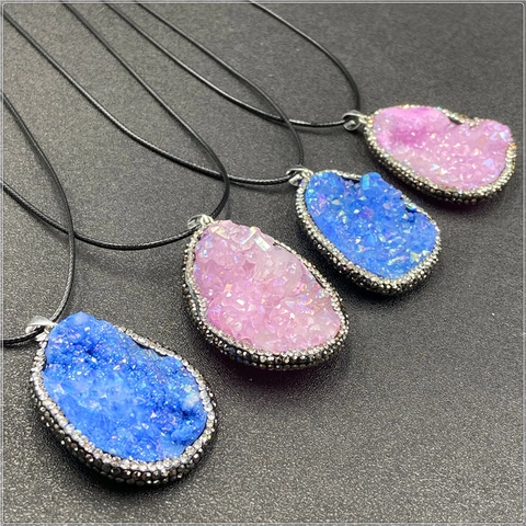Natural Druzy Geode Anhänger Tropfen Kristallcluster Mit Strassrand DIY Schmuckherstellung Zubehör Für Halskette