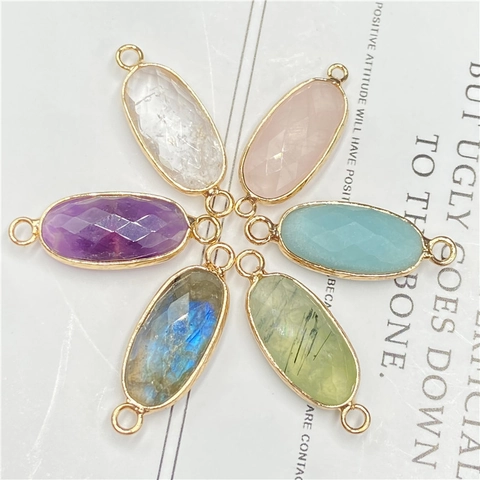 Connecteur Pendentif Ovale en Pierre Naturelle Facettée Alliage Sertissage Or Doubles Anneaux Apprêts Bijoux DIY pour Collier Bracelet
