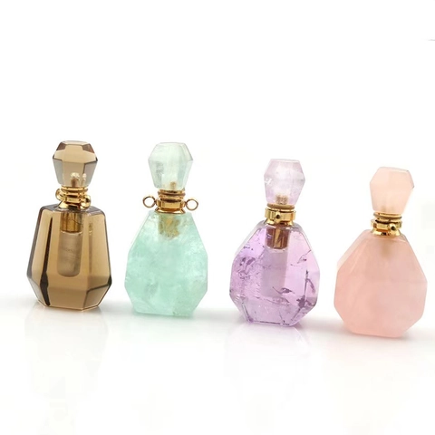 Natürlicher Kristall Parfümflasche Halskette Geometrischer Amethyst Rosenquarz Ätherisches Öl Aromatherapie Anhänger Damen Schmuck