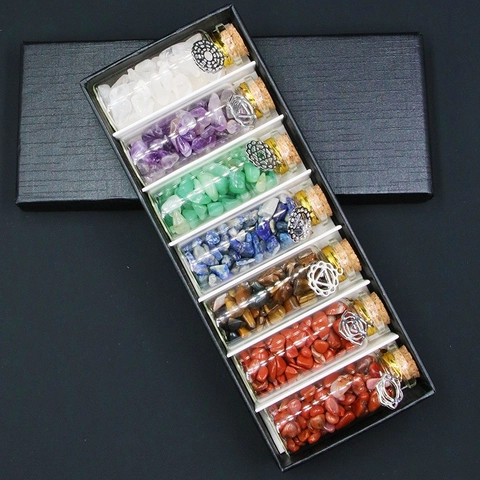 Botellas de Deseos con Fragmentos de Cristal de Chakra Multicolores en Frascos de Vidrio Con Tapones de Corcho para Yoga