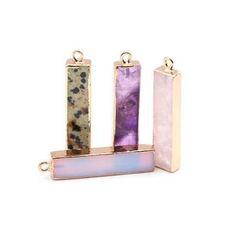 Rectangular Natural Stone Pendant Gold Plated Edge Amethyst Rose Quartz Dalmatian Jasper DIY Jewelry Making Pendant Material