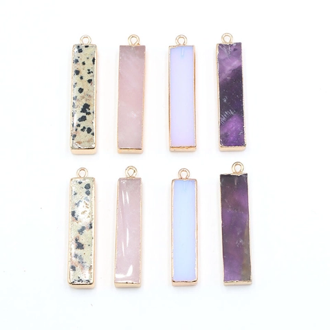 Rectangular Natural Stone Pendant Gold Plated Edge Amethyst Rose Quartz Dalmatian Jasper DIY Jewelry Making Pendant Material