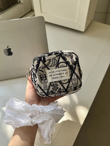 Mini Square Coin Purse Cotton Linen Embroidery Zipper Small Storage Bag For Lipstick Cards Sanitary Napkin