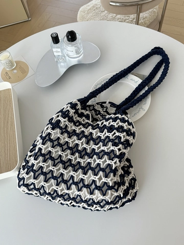 Women Handmade Woven Hollow Out Shoulder Bag Navy Blue White Contrast Color Polyester Cotton Tote Beach Vacation Bag