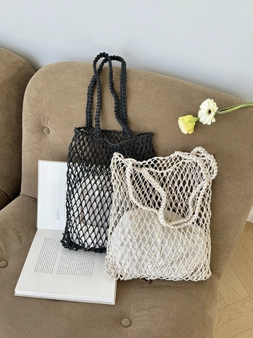 Women Hand Woven Cotton Net Bag Hollow Out Crochet Tote Shoulder Bag With Inner Bag Summer Beach Vacation Shopping Bag