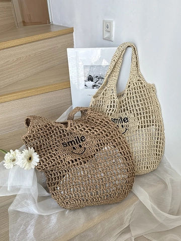 Women Straw Woven Shoulder Bag Hollow Out Crochet Tote Bag Smile Embroidery Summer Beach Handbag Casual Vacation Purse