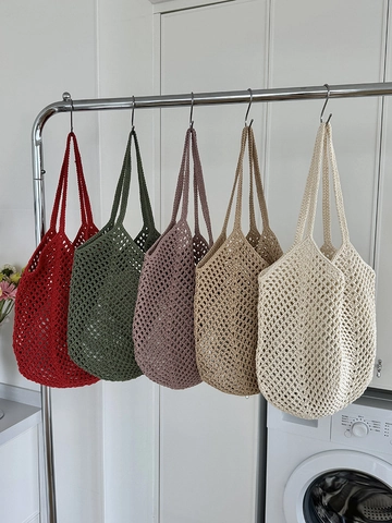 Women Hand Woven Cotton Rope Shoulder Bag Large Capacity Hollow Out Mesh Tote For Vacation Beach Casual Soft Lightweight
