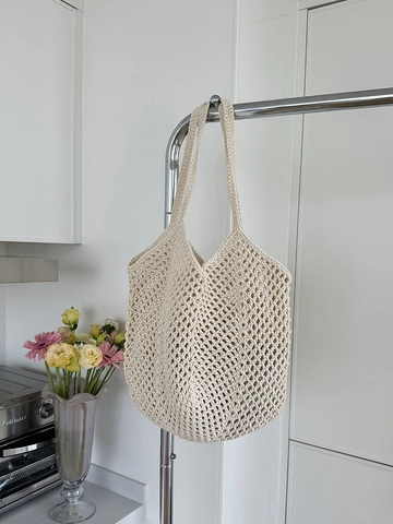 Women Hand Woven Cotton Rope Shoulder Bag Large Capacity Hollow Out Mesh Tote For Vacation Beach Casual Soft Lightweight