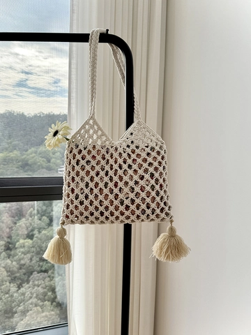 Handmade Woven Tote Bag Hollow Cotton Mesh Shoulder Purse With Floral Lining And Tassels Bohemian Summer Beach Style