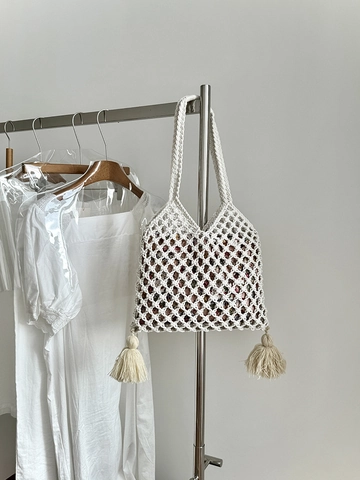 Handmade Woven Tote Bag Hollow Cotton Mesh Shoulder Purse With Floral Lining And Tassels Bohemian Summer Beach Style