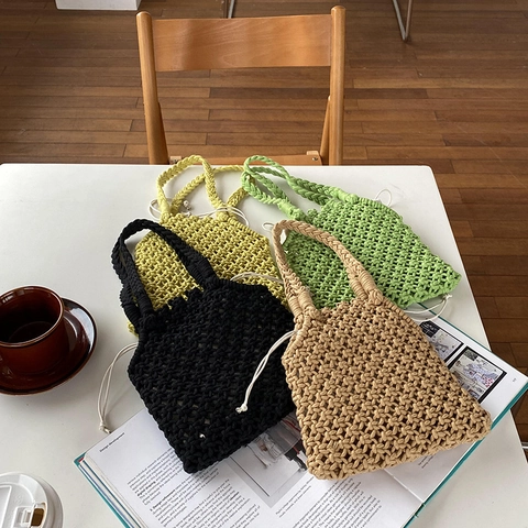 Handwoven Macrame Bag Cotton Thread Hollow Out With Drawstring Liner Summer Vacation Bohemian Style Women Handbag