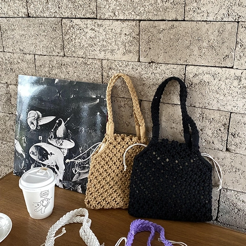 Handwoven Macrame Bag Cotton Thread Hollow Out With Drawstring Liner Summer Vacation Bohemian Style Women Handbag
