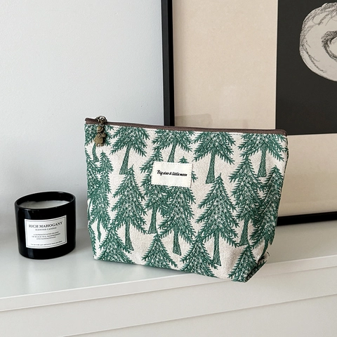 Grande Borsa Cosmetica Ricamata In Cotone E Lino Stampa Pini Cerniera Pochette Da Viaggio Organizzatore Trucco
