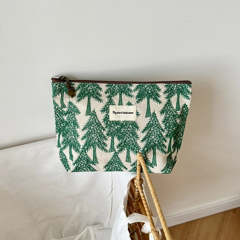 Grande Borsa Cosmetica Ricamata In Cotone E Lino Stampa Pini Cerniera Pochette Da Viaggio Organizzatore Trucco