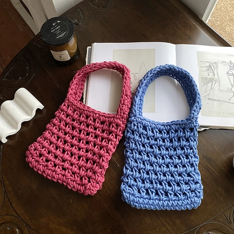 Handgeweven Gehaakte Handtas Voor Dames Opengewerkt Mesh Mini Tote Tas Zomer Strand Casual Tas Polyester Katoen