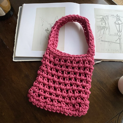 Handgeweven Gehaakte Handtas Voor Dames Opengewerkt Mesh Mini Tote Tas Zomer Strand Casual Tas Polyester Katoen