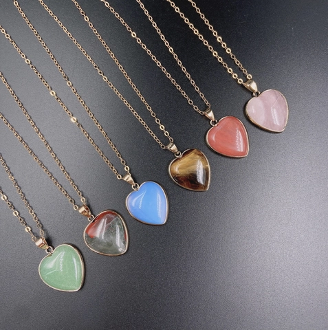 Heart Pendant Necklace For Women Natural Synthetic Stone Agate Rose Quartz Tiger Eye Gold Plated Edge Fashion Jewelry Gift