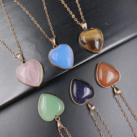 Heart Pendant Necklace For Women Natural Synthetic Stone Agate Rose Quartz Tiger Eye Gold Plated Edge Fashion Jewelry Gift