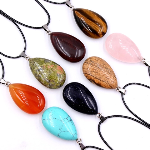 Collar Con Colgante De Gota De Agua Piedra Preciosa Natural Cristal Ágata Ojo De Tigre Piedra Pulida Con Cordón Negro
