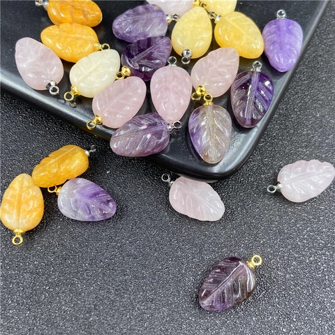 Natural Amethyst Rose Quartz Yellow Jade Carved Leaf Shape Pendant Only Without Chain For DIY Jewelry Making Necklace Accessories