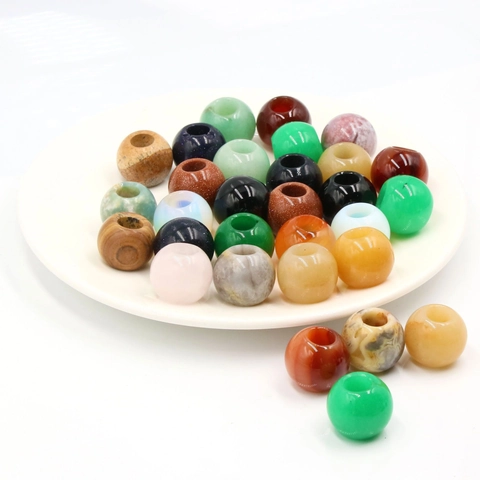 Natural Stone Large Hole Round Beads For DIY Jewelry Making Bracelet Necklace Agate Rose Quartz Green Aventurine Loose Beads