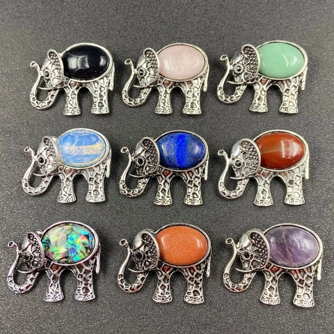 Elephant Pendant Brooch Retro Alloy Natural Amethyst Aventurine Lapis Lazuli Gemstone Inlay Animal Jewelry For Women