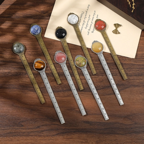 Vintage Alloy Ruler Bookmark With Inlaid Natural Gemstone Crystal Antique Bronze Silver Metal Scale Measuring Tool For Office School Stationery Reading Gift