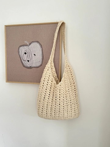 Dames Handgeweven Polyester Katoen Schoudertas Grote Capaciteit Opengewerkt Geruit Vakantie Strand Tote Tas Casual Hobo Tas